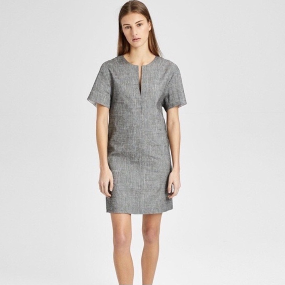 Theory‎ Linen Slit Front Shift Dress Gray Sharkskin Crunch Career Minimalist